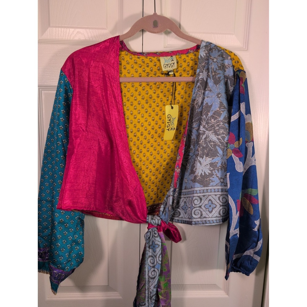 JADED GYPSY Colorful Patchwork Tie Wrap Boho Artsy Top Free Size NWT - Picture 3 of 12
